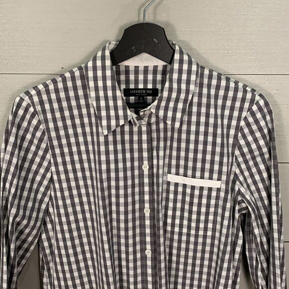 Lfayette 148 grey and white tee button down plaid checkered Womans dress shirt S - Picture 2 of 9